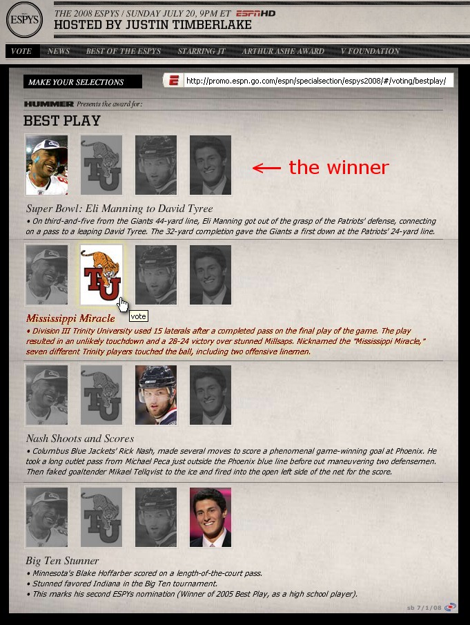 Trinity nominated for 2008 Best Play ESPY